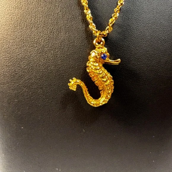 Seahorse Pendant Necklace Gold Tone Blue Eye Textured Nautical Jewelry - Picture 5 of 7